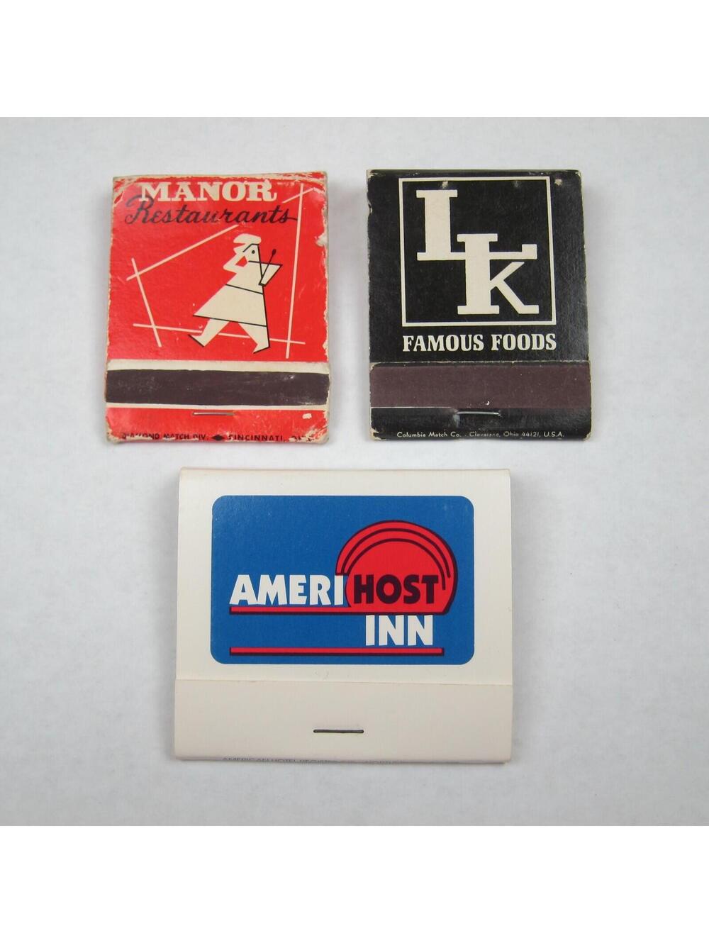 3 Vintage Matchbooks Ohio Manor Restaurants, LK Famous Foods & Amerihost Inn